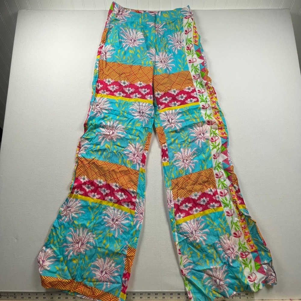 TAJ by Sabrina Crippa‎ Floral Patchwork Wide Leg Rayon Pants Multi Color Small